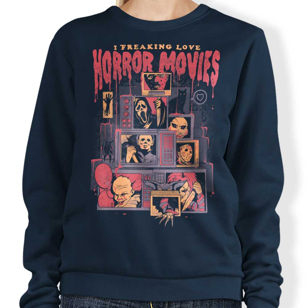 Awesome 'I Freaking Love Horror Movies' Sweatshirt for Fans