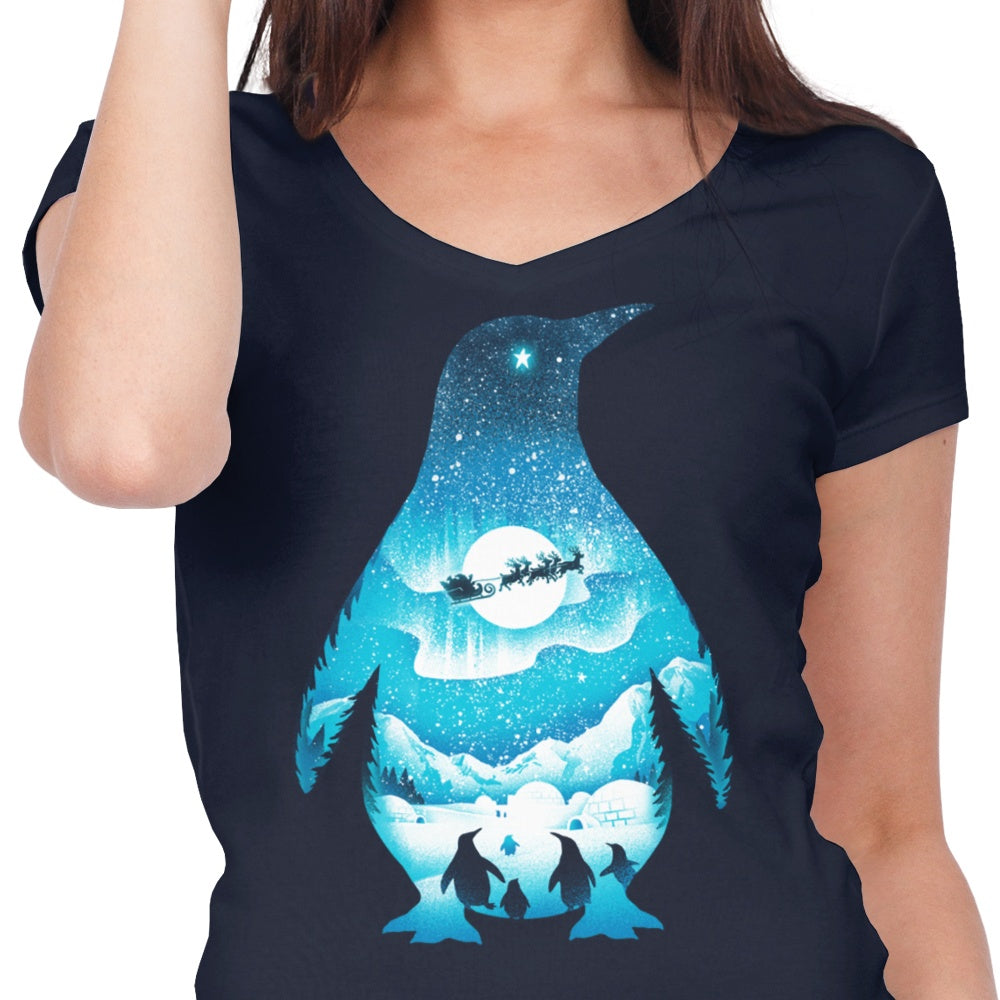 Stylish Women's V-Neck Christmas Penguin Top