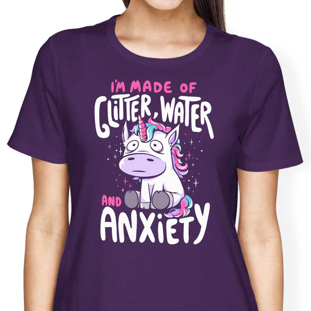 Women's Fashion Apparel Featuring Glitter, Water, and Anxiety Elements