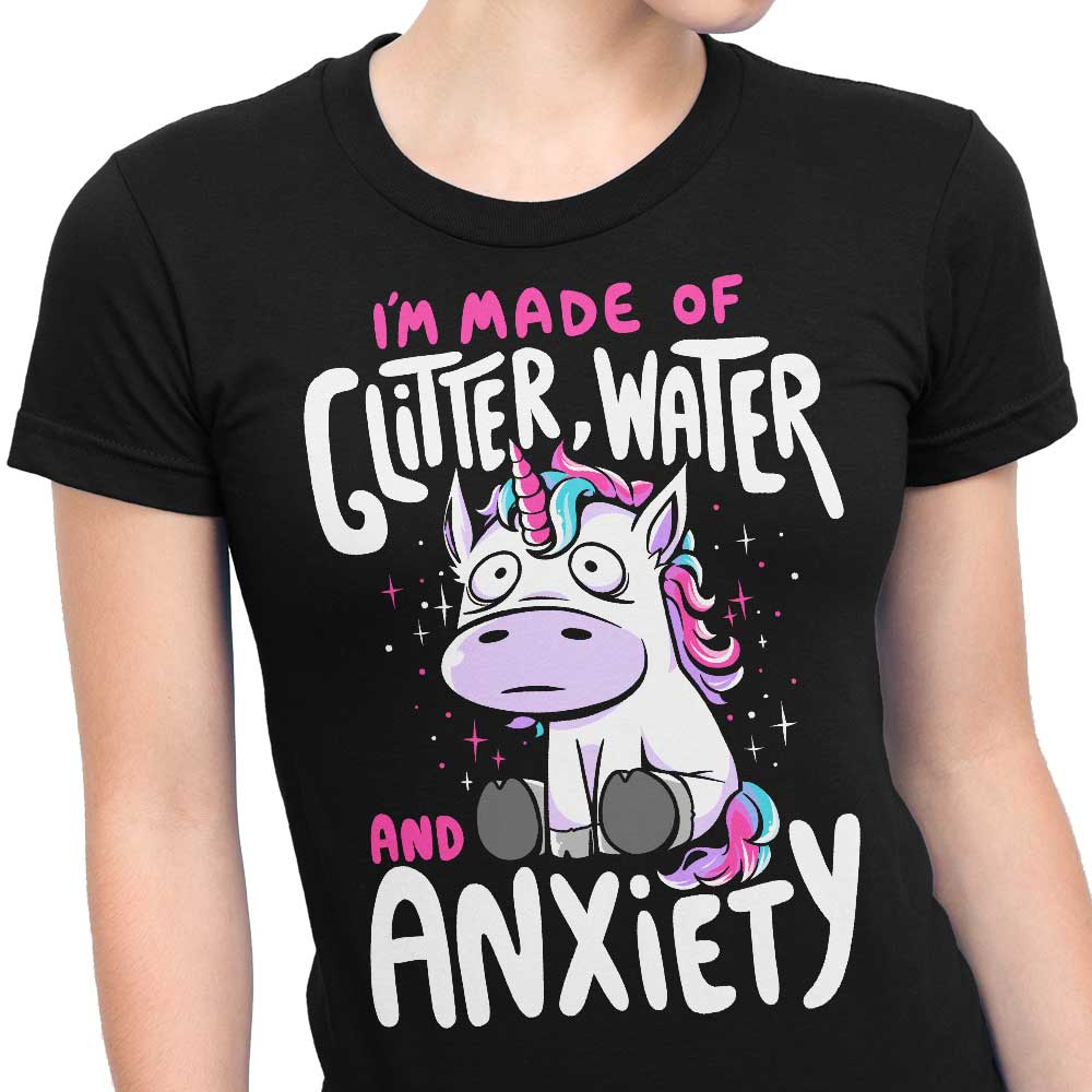Women's Fashion Apparel Featuring Glitter, Water, and Anxiety Elements