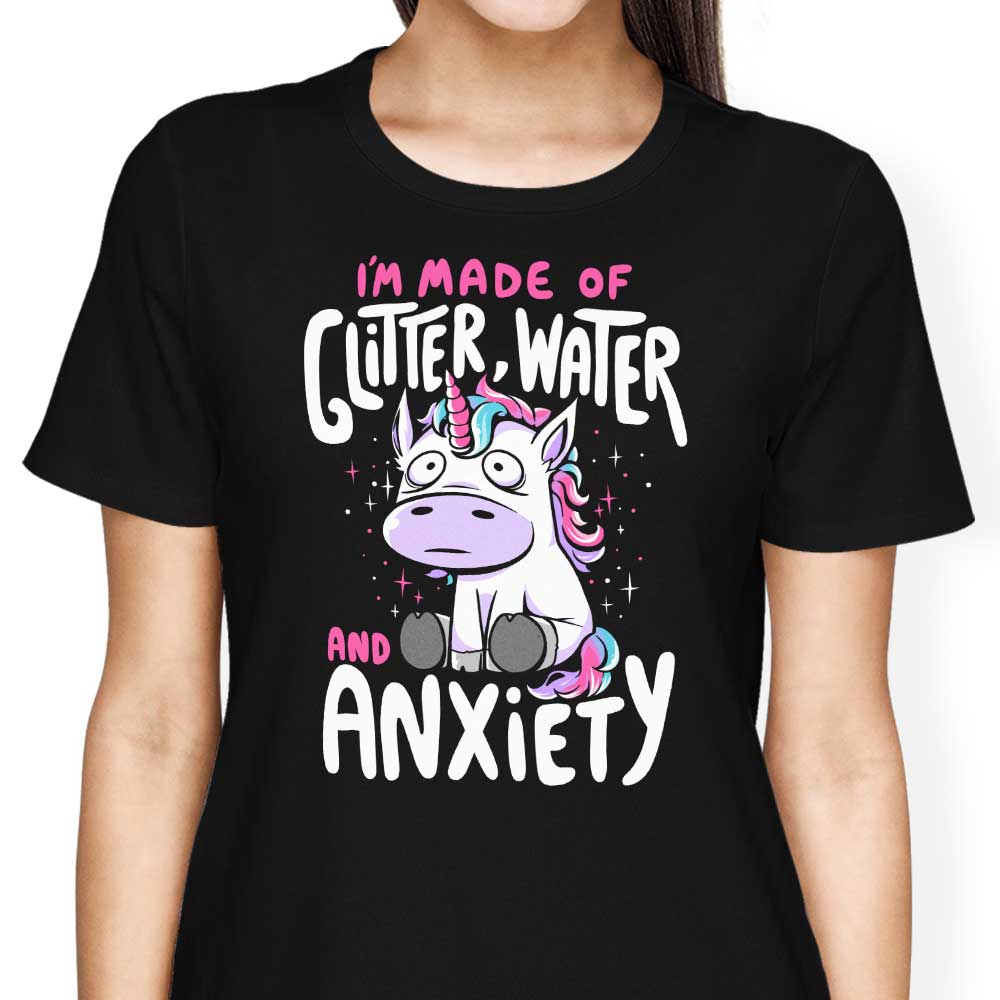 Women's Fashion Apparel Featuring Glitter, Water, and Anxiety Elements