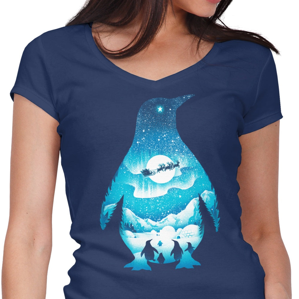 Stylish Women's V-Neck Christmas Penguin Top