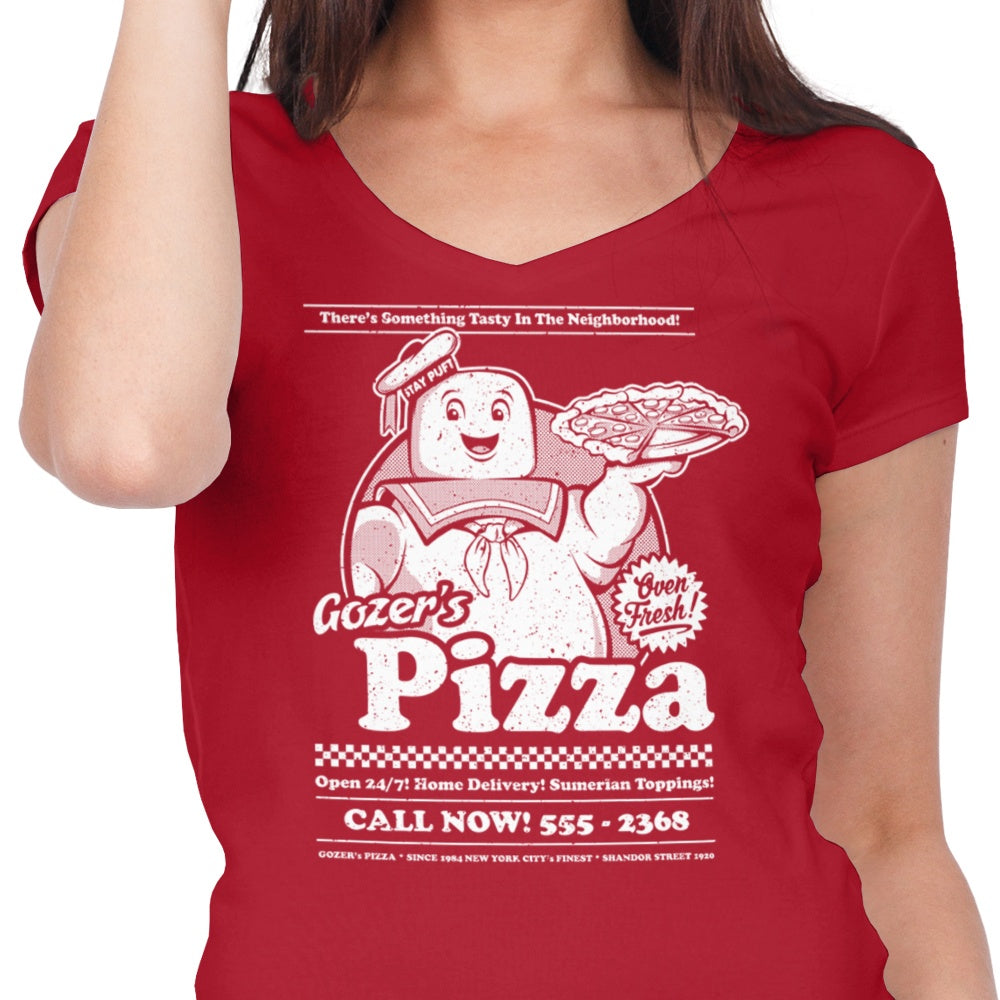 Women's Stylish V-Neck 'Gozer's Pizza' T-Shirt