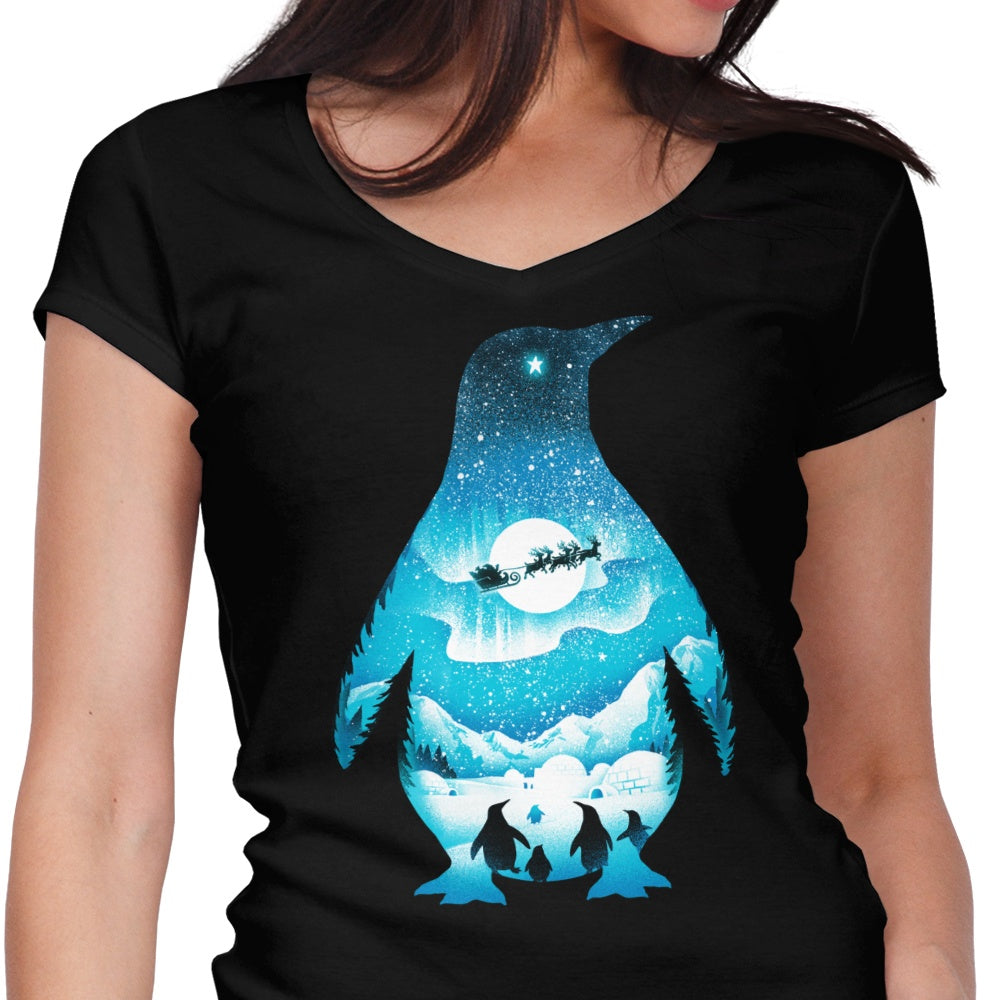 Stylish Women's V-Neck Christmas Penguin Top