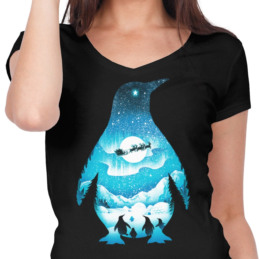 Stylish Women's V-Neck Christmas Penguin Top
