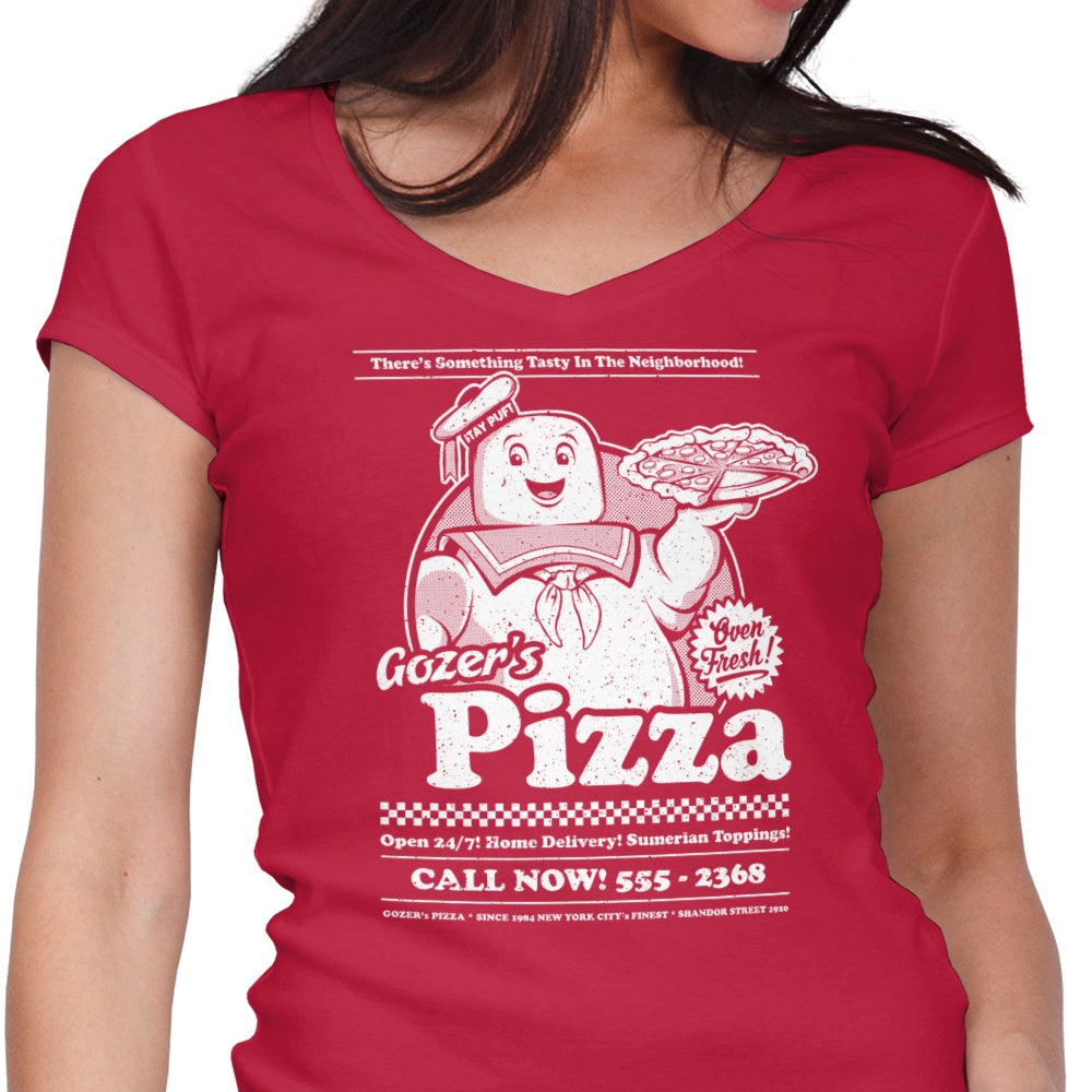 Women's Stylish V-Neck 'Gozer's Pizza' T-Shirt